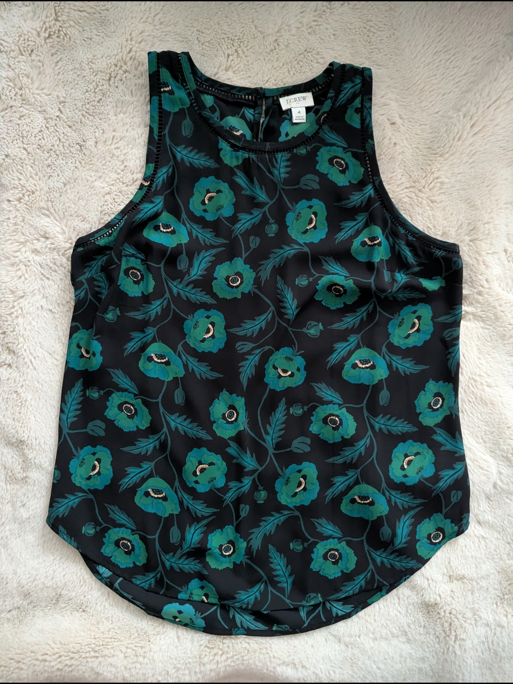J. Crew Black & Green Poppy Print Tank Top Blouse